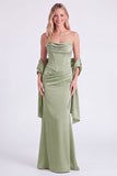 Mermaid Sage Strapless Corset Ruched Long Bridesmaid Dress with Lace Up Back