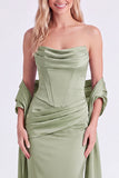 Mermaid Sage Strapless Corset Ruched Long Bridesmaid Dress with Lace Up Back