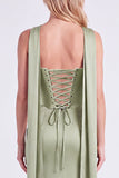 Mermaid Sage Strapless Corset Ruched Long Bridesmaid Dress with Lace Up Back