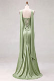 Mermaid Sage Strapless Corset Ruched Long Bridesmaid Dress with Lace Up Back