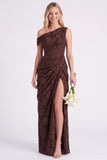 Espresso One Shoulder Floral Ruched Corset Long Bridesmaid Dress with Slit