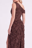 Espresso One Shoulder Floral Ruched Corset Long Bridesmaid Dress with Slit