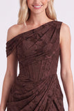 Espresso One Shoulder Floral Ruched Corset Long Bridesmaid Dress with Slit