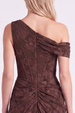 Espresso One Shoulder Floral Ruched Corset Long Bridesmaid Dress with Slit
