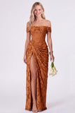 Sage Off the Shoulder Corset Floral Mermaid Ruched Long Bridesmaid Dress with Slit