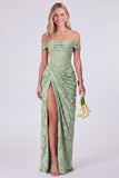 Sage Off the Shoulder Corset Floral Mermaid Ruched Long Bridesmaid Dress with Slit