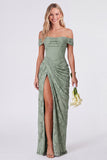Sage Off the Shoulder Corset Floral Mermaid Ruched Long Bridesmaid Dress with Slit
