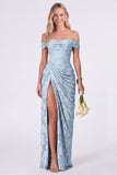 Sage Off the Shoulder Corset Floral Mermaid Ruched Long Bridesmaid Dress with Slit
