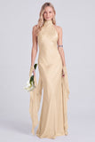 Pink Halter Neck Satin Mermaid Long Bridesmaid Dress