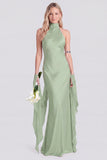 Pink Halter Neck Satin Mermaid Long Bridesmaid Dress