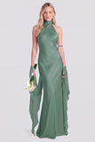 Pink Halter Neck Satin Mermaid Long Bridesmaid Dress