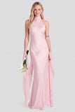 Pink Halter Neck Satin Mermaid Long Bridesmaid Dress
