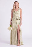 Pink Flower Cowl Neck A-Line Belt Long Bridesmaid Dress with Slit