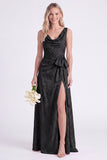 Pink Flower Cowl Neck A-Line Belt Long Bridesmaid Dress with Slit