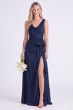 Pink Flower Cowl Neck A-Line Belt Long Bridesmaid Dress with Slit