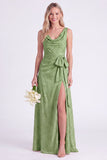 Pink Flower Cowl Neck A-Line Belt Long Bridesmaid Dress with Slit