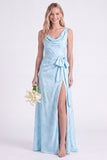 Pink Flower Cowl Neck A-Line Belt Long Bridesmaid Dress with Slit