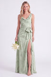 Pink Flower Cowl Neck A-Line Belt Long Bridesmaid Dress with Slit