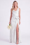 Pink Flower Cowl Neck A-Line Belt Long Bridesmaid Dress with Slit