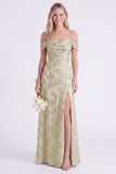 Pink Cold Shoulder Floral Ruched A-Line Lace Up Back Long Bridesmaid Dress with Slit