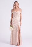 Pink Cold Shoulder Floral Ruched A-Line Lace Up Back Long Bridesmaid Dress with Slit
