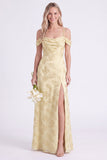 Pink Cold Shoulder Floral Ruched A-Line Lace Up Back Long Bridesmaid Dress with Slit