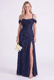 Pink Cold Shoulder Floral Ruched A-Line Lace Up Back Long Bridesmaid Dress with Slit