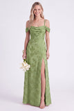 Pink Cold Shoulder Floral Ruched A-Line Lace Up Back Long Bridesmaid Dress with Slit