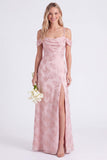 Pink Cold Shoulder Floral Ruched A-Line Lace Up Back Long Bridesmaid Dress with Slit