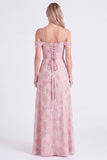 Pink Cold Shoulder Floral Ruched A-Line Lace Up Back Long Bridesmaid Dress with Slit