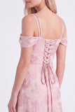 Pink Cold Shoulder Floral Ruched A-Line Lace Up Back Long Bridesmaid Dress with Slit