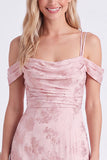 Pink Cold Shoulder Floral Ruched A-Line Lace Up Back Long Bridesmaid Dress with Slit