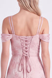 Pink Cold Shoulder Floral Ruched A-Line Lace Up Back Long Bridesmaid Dress with Slit