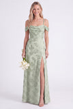 Pink Cold Shoulder Floral Ruched A-Line Lace Up Back Long Bridesmaid Dress with Slit