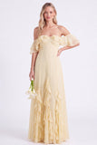 Off the Shoulder Daffodil Chiffon Ruffled Long Bridesmaid Dress