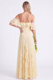Off the Shoulder Daffodil Chiffon Ruffled Long Bridesmaid Dress