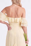 Off the Shoulder Daffodil Chiffon Ruffled Long Bridesmaid Dress