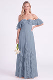 Off the Shoulder Daffodil Chiffon Ruffled Long Bridesmaid Dress