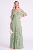 Off the Shoulder Daffodil Chiffon Ruffled Long Bridesmaid Dress