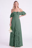 Off the Shoulder Daffodil Chiffon Ruffled Long Bridesmaid Dress
