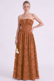 Strapless Espresso A-Line Floral Long Bridesmaid Dress with Ruffles