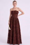 Strapless Espresso A-Line Floral Long Bridesmaid Dress with Ruffles