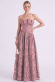 Strapless Espresso A-Line Floral Long Bridesmaid Dress with Ruffles