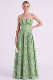 Strapless Espresso A-Line Floral Long Bridesmaid Dress with Ruffles