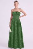 Strapless Espresso A-Line Floral Long Bridesmaid Dress with Ruffles