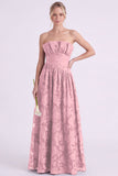 Strapless Espresso A-Line Floral Long Bridesmaid Dress with Ruffles