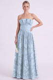 Strapless Espresso A-Line Floral Long Bridesmaid Dress with Ruffles
