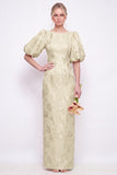 Blush Pink Bodycon Round Neck Floral Puff Sleeves Long Bridesmaid Dress with Slit