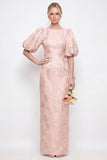 Blush Pink Bodycon Round Neck Floral Puff Sleeves Long Bridesmaid Dress with Slit