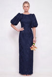 Blush Pink Bodycon Round Neck Floral Puff Sleeves Long Bridesmaid Dress with Slit